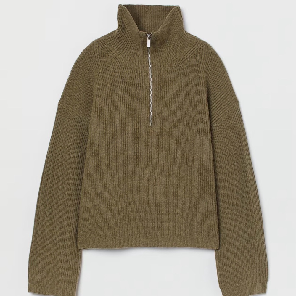 H&M Ribbed Half-Zip Knit Sweater | Olive Green | Size S | Cozy Minimal 💚